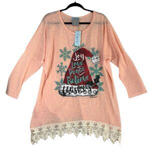 DAISY RAE Christmas Top Peach Tunic With Ivory Lace Trim